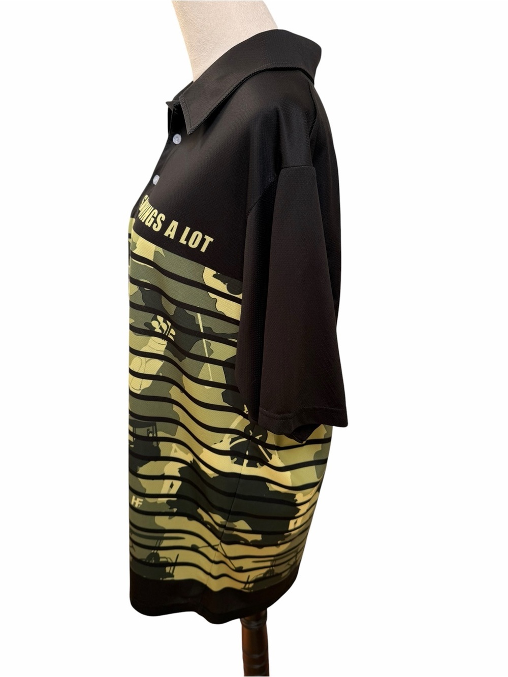 Men’s XL Black & Olive Camo Polo Shirt Funny Sir Swings A Lot Lightweight - Picture 3 of 8